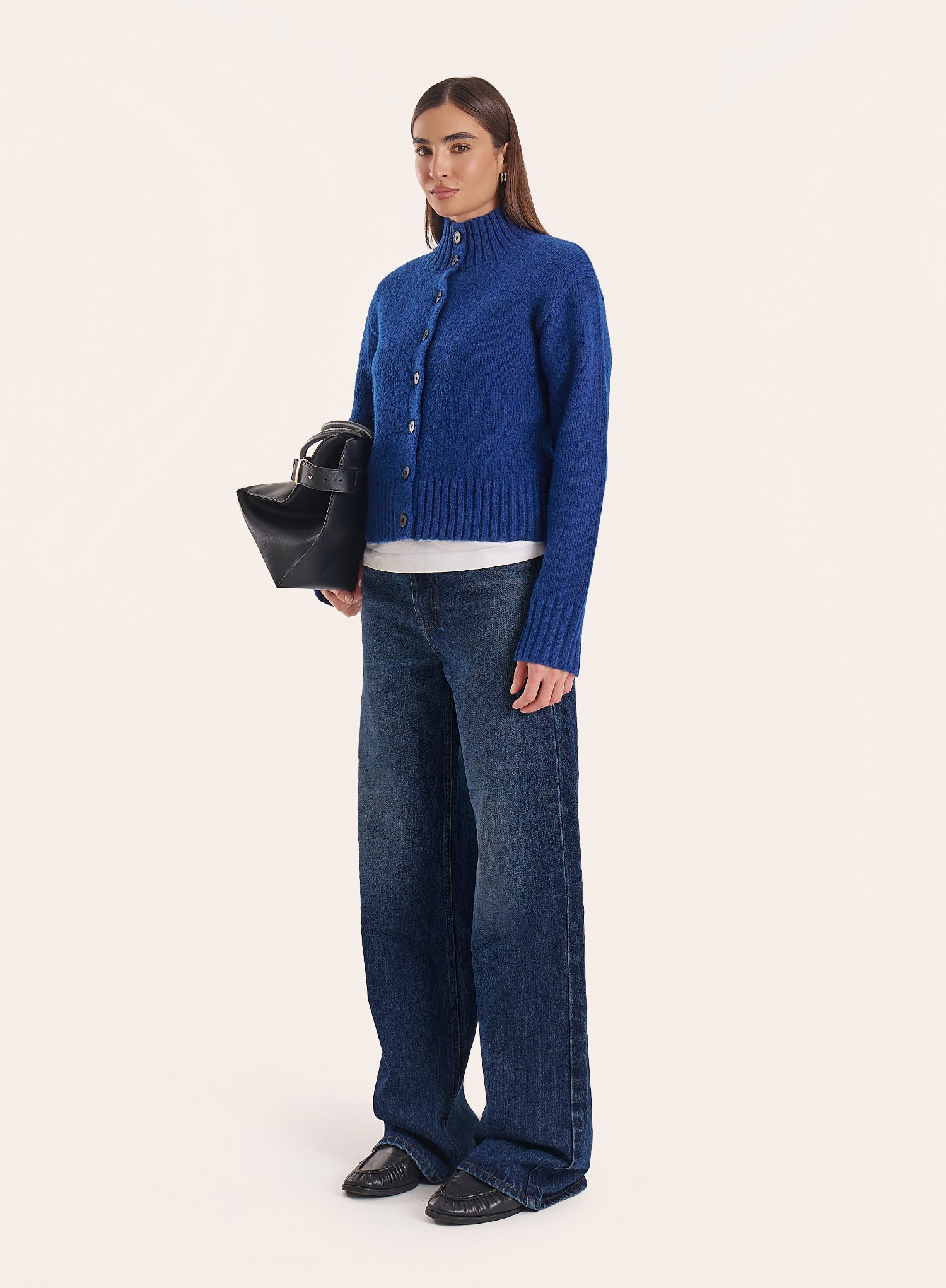 Blue Knitted Ribbed Button Down Cardigan